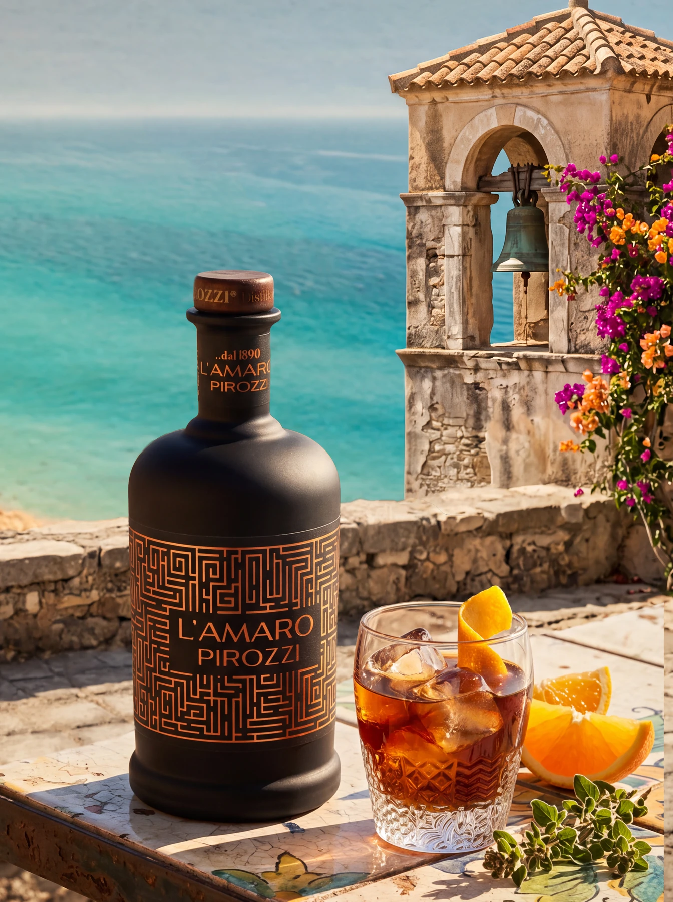 Bottiglia de L'Amaro Pirozzi in ambientazione con erbe e agrumi calabresi