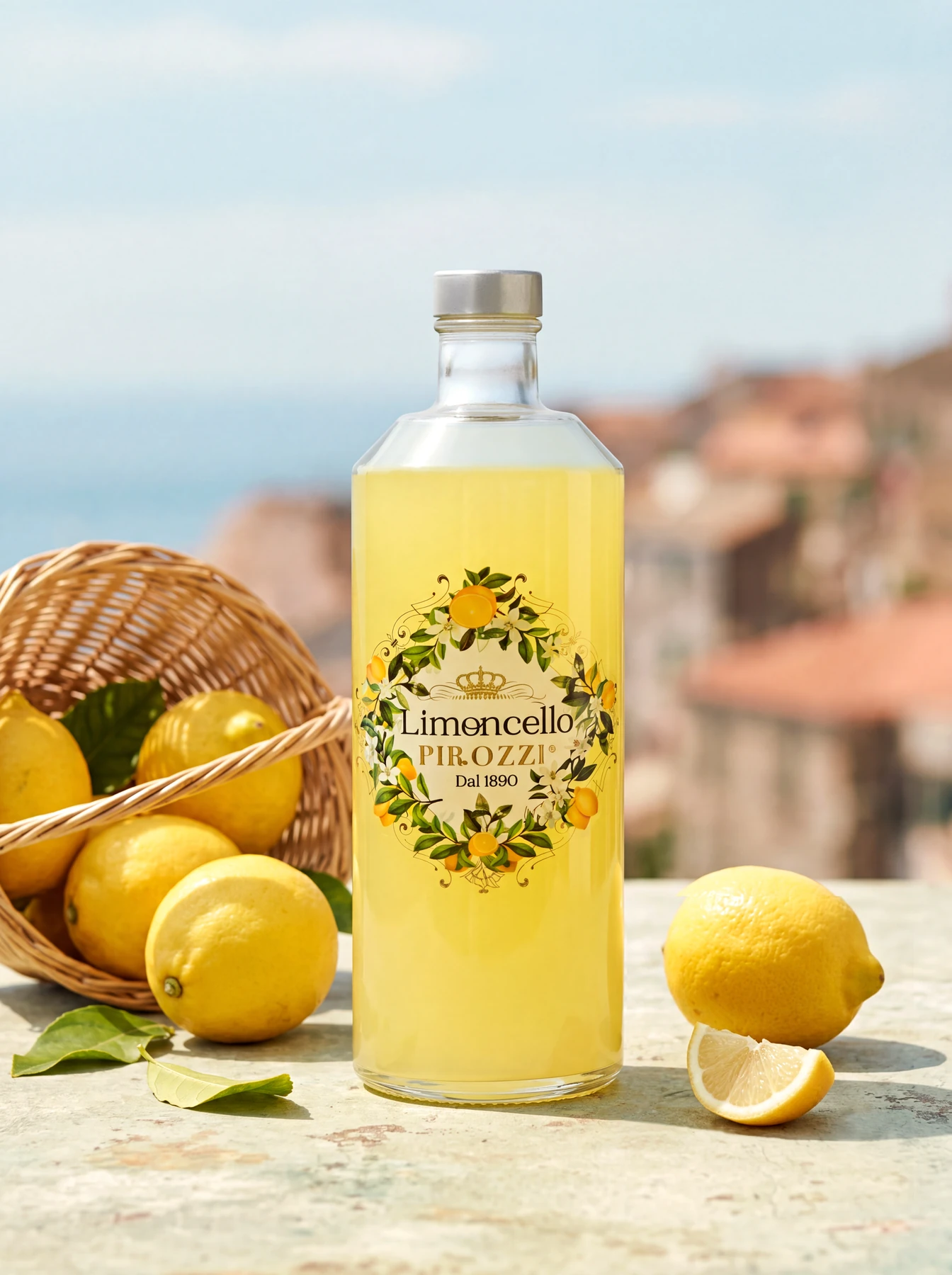 Limoncello Pirozzi servito ghiacciato con limoni di Calabria, fotografia ambientata