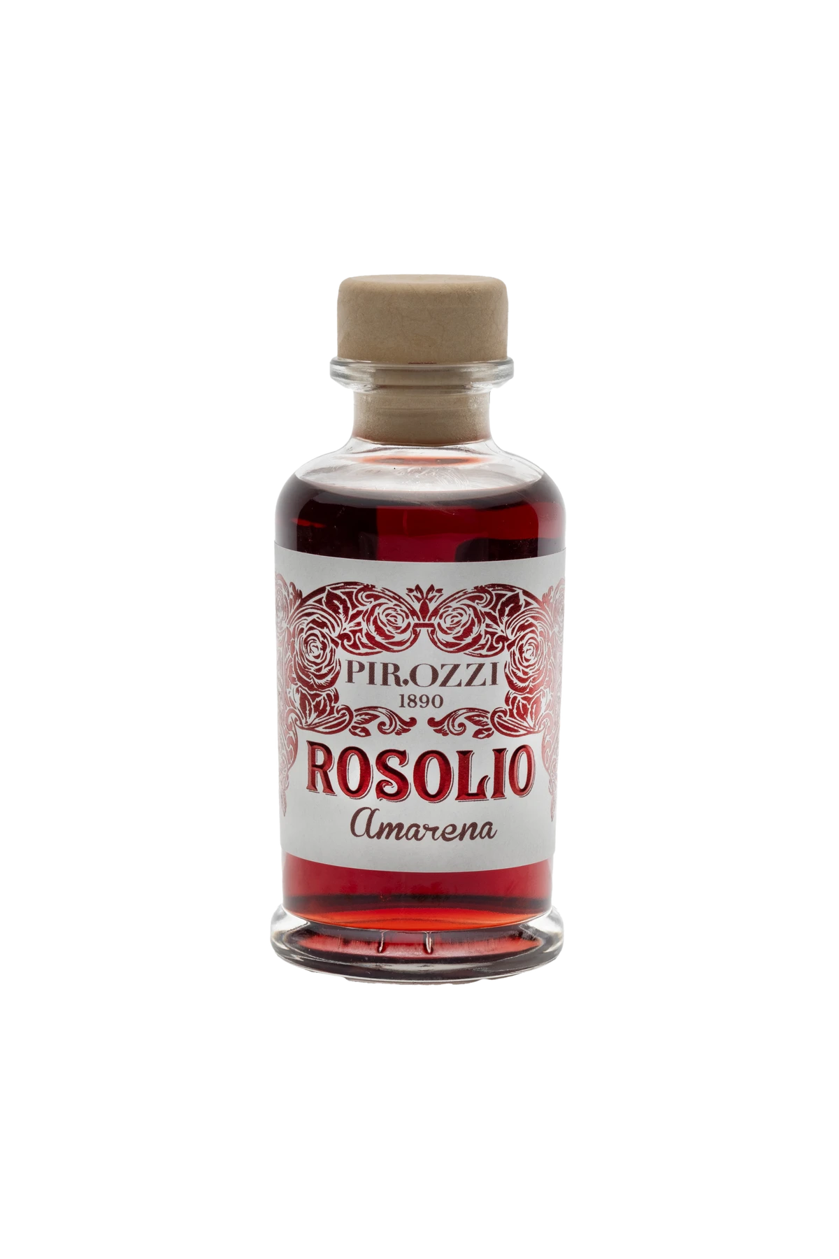 Rosolio all'Amarena Pirozzi Mignon 10cl Bottiglia mignon di Rosolio all'Amarena Pirozzi 10 cl, liquore artigianale alle amarene